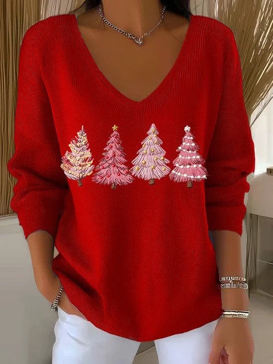 Women's Long Sleeve T-shirt Spring/Fall Red Christmas Printing V Neck Daily Going Out Casual Top
