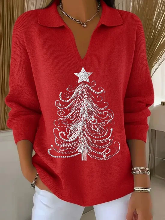 Women's Classic Casual Christmas Print Lapel Sweater