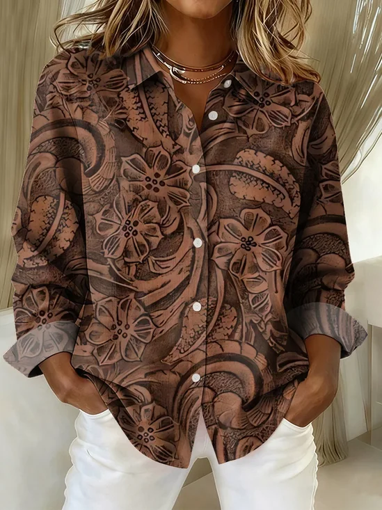 Women's Long Sleeve Shirt Spring/Fall Brown Floral Buckle Shirt Collar Regular Sleeve Daily Going Out Casual Top