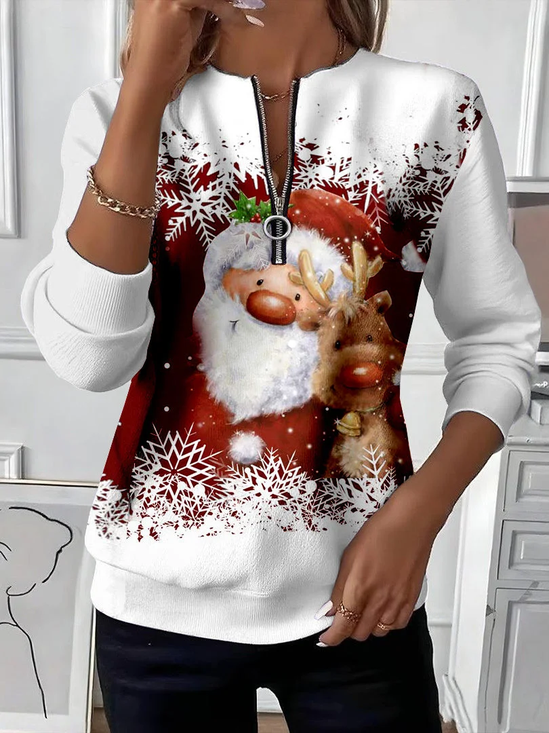 Women's Christmas Print Casual Zipper Long Sleeve Sweatshirt