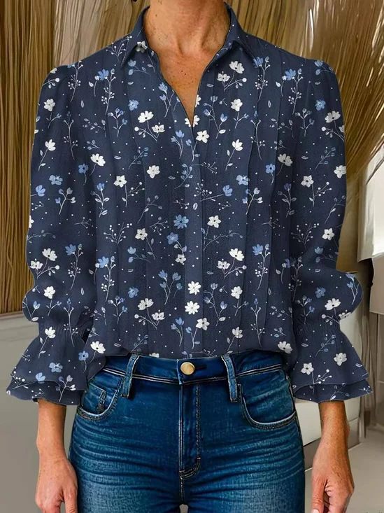 Loose Floral Shawl Collar Casual Shirt