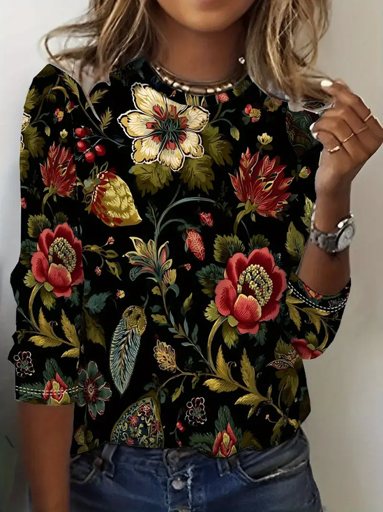 Women's Long Sleeve T-shirt Spring/Fall Black Floral Printing Jersey Crew Neck Daily Going Out Casual Top