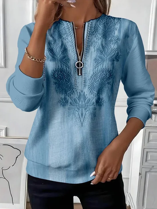 Women's Floral Print Casual Zip-Up Long Sleeve Sweatshirt