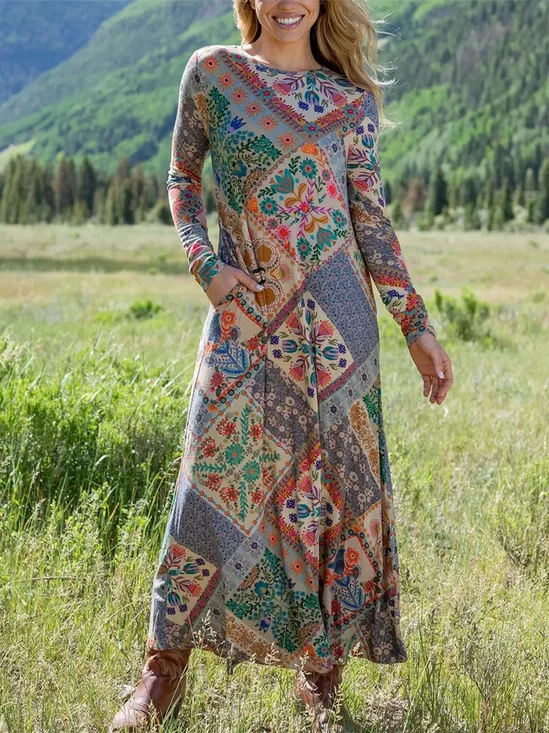 Loose Crew Neck Ethnic Multicolor Block Dress With No