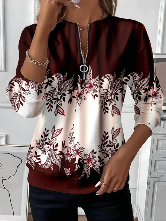 Women's Floral Print Casual Zip-Up Long Sleeve Sweatshirt