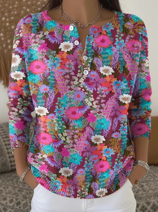 Casual Crew Neck Floral Sweater