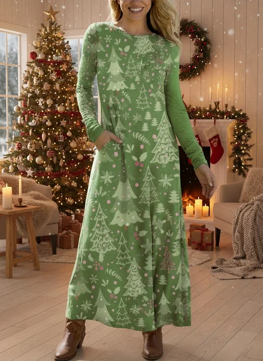 Loose Casual Crew Neck Christmas Dress With No