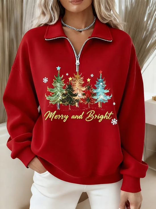 Shawl Collar Zipper Christmas Tree Casual Sweatshirt
