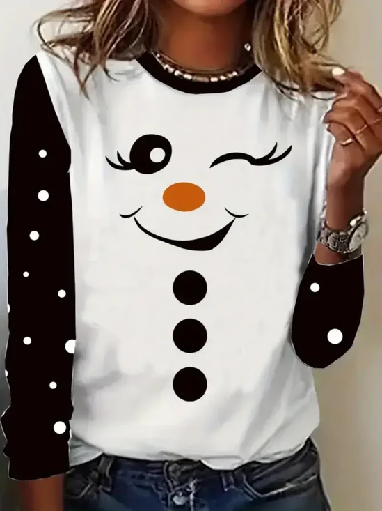Women's Long Sleeve T-shirt Spring/Fall White Christmas Snowman Printing Jersey Crew Neck Daily Going Out Casual Top