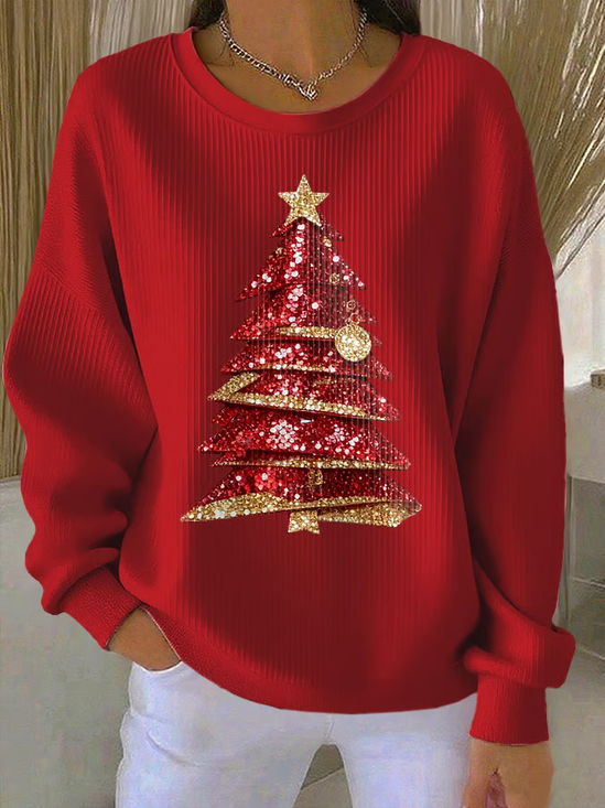 Printing Loose Casual Christmas Tree Sweatshirt