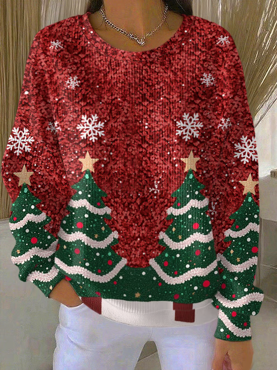 Christmas Tree Crew Neck Loose Casual Sweatshirt