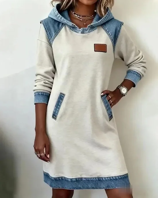 Multicolor Block Hoodie Casual Loose Sweashirt Dress With No