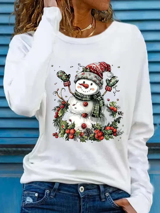Women's Long Sleeve T-shirt Spring/Fall White Christmas Printing Jersey Crew Neck Daily Going Out Casual Top