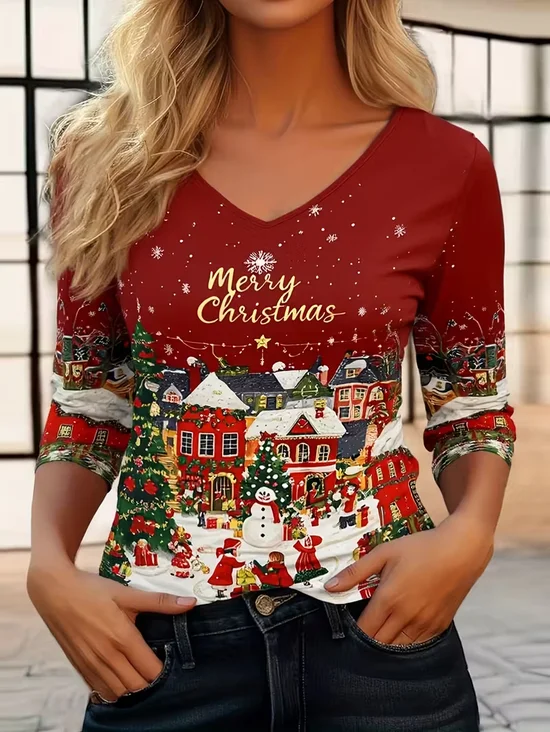 Women's Long Sleeve T-shirt Spring/Fall Red Christmas Snowman Printing Jersey V Neck Daily Going Out Casual Top