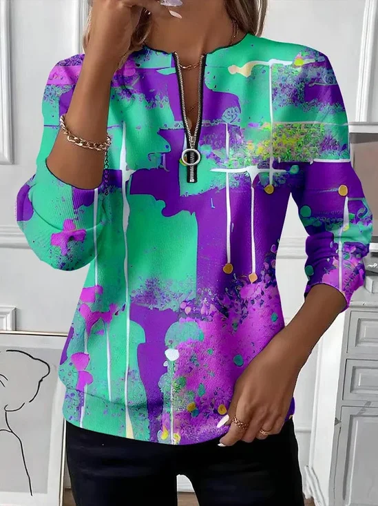 Women's Abstract Print Casual Zipper Long Sleeve Sweatshirt