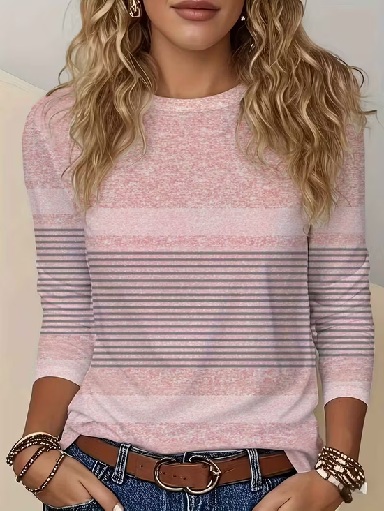 Women's Long Sleeve T-shirt Spring/Fall Pink Striped Printing Jersey Crew Neck Daily Going Out Casual Top