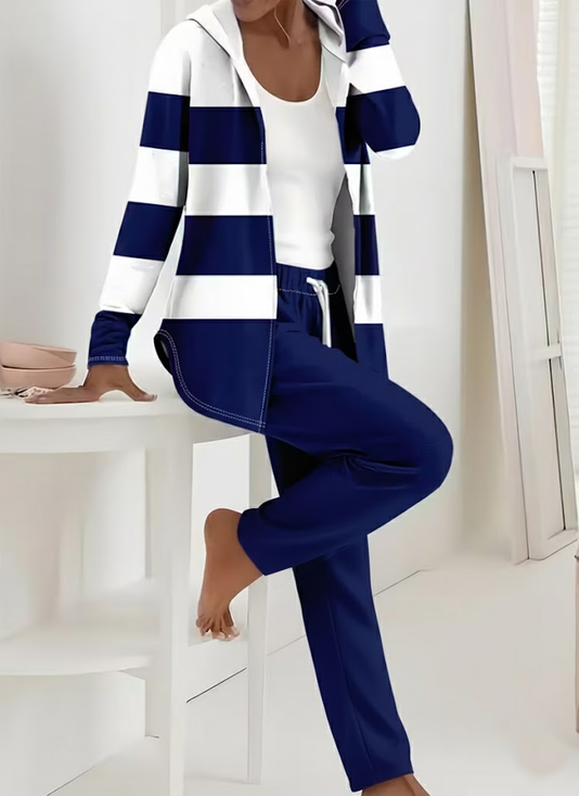 Women's Printing Striped Daily Going Out Two-Piece Set Purplish Blue Casual Spring/Fall Coat With Pants Matching Set