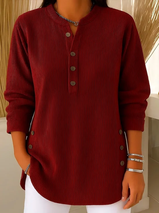 Women's Long Sleeve T-shirt Spring/Fall Wine Red Plain Buckle Corduroy Crew Neck Daily Going Out Vintage Top