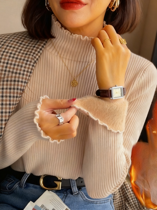 Oatmeal Plain Sweater With Ruffled Trim Thickened Fleece Lining, Stylish And Slim-fitting Knit Base Layer For Women