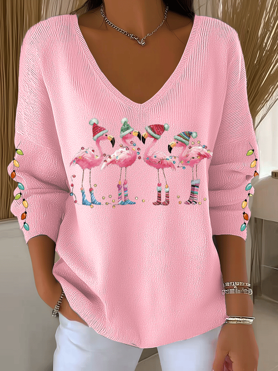 Women's Long Sleeve T-shirt Spring/Fall Pink Christmas Printing V Neck Daily Going Out Casual Top