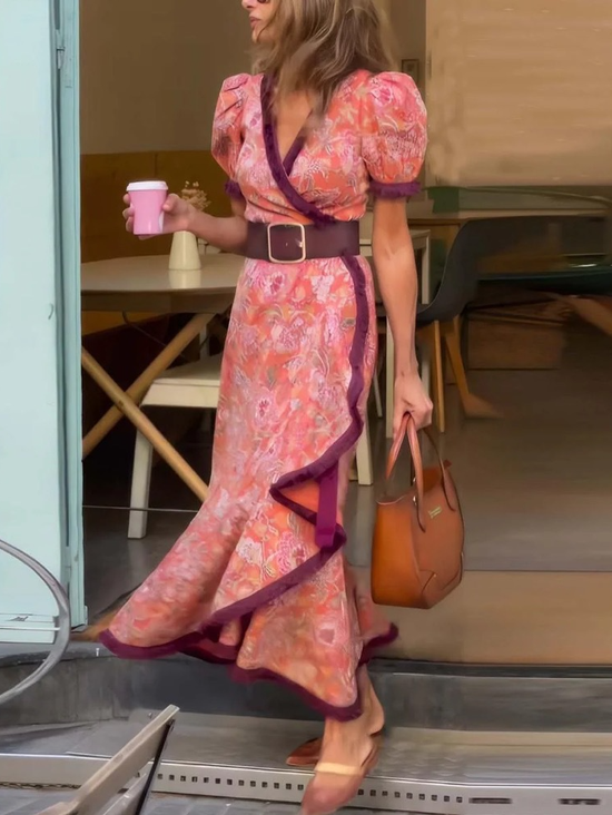 Floral Regular Fit Vintage V Neck Dress With No