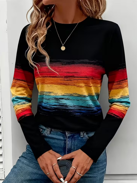 Women's Long Sleeve T-shirt Spring/Fall Black Abstract Printing Jersey Crew Neck Daily Going Out Casual Top