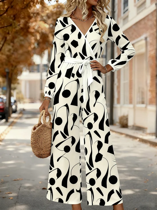 Elegant Loose V Neck Geometric Jumpsuit