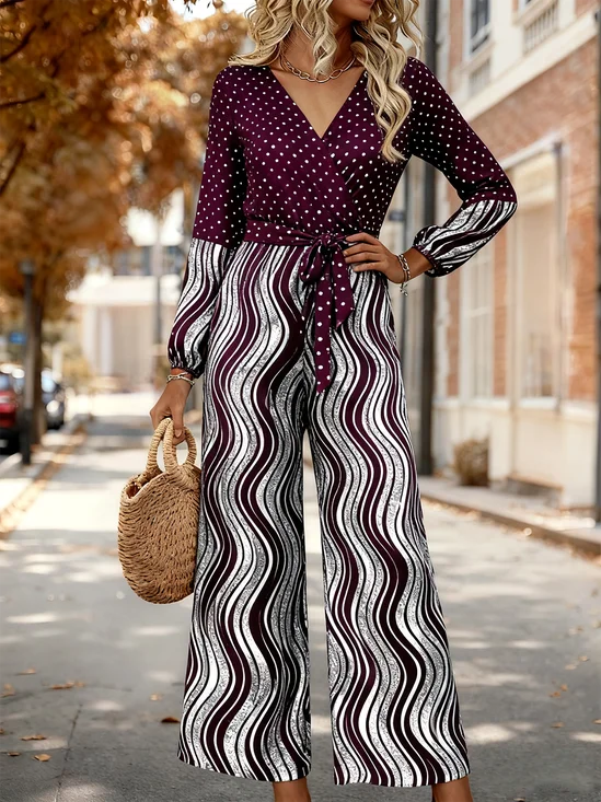 Polka Dots V Neck Loose Elegant Jumpsuit
