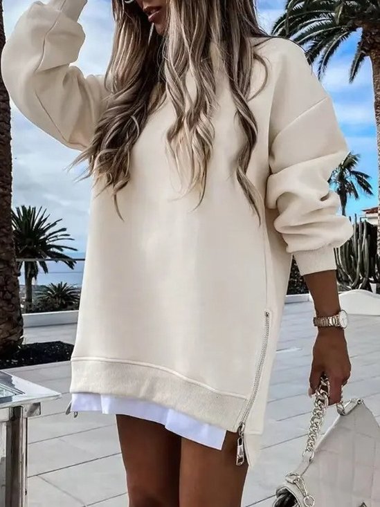 Crew Neck Split Joint Plain Lady Romance Sweatshirt