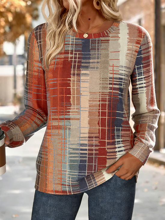 Crew Neck Plaid Loose Simple Sweatshirt