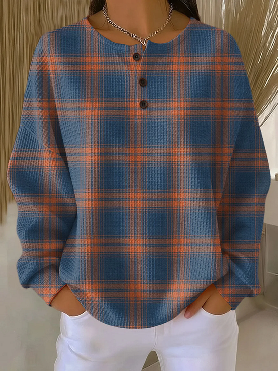 Women's Plaid Print Button-Up Casual Waffle Knit Sweatshirt