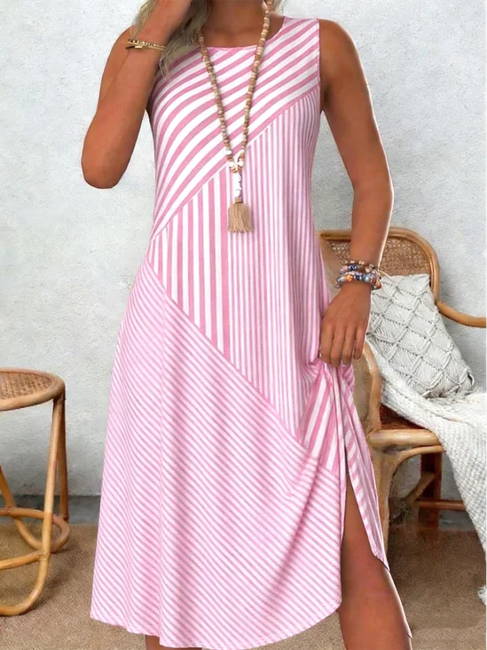 Geometric Cotton Casual Crew Neck Dress With No