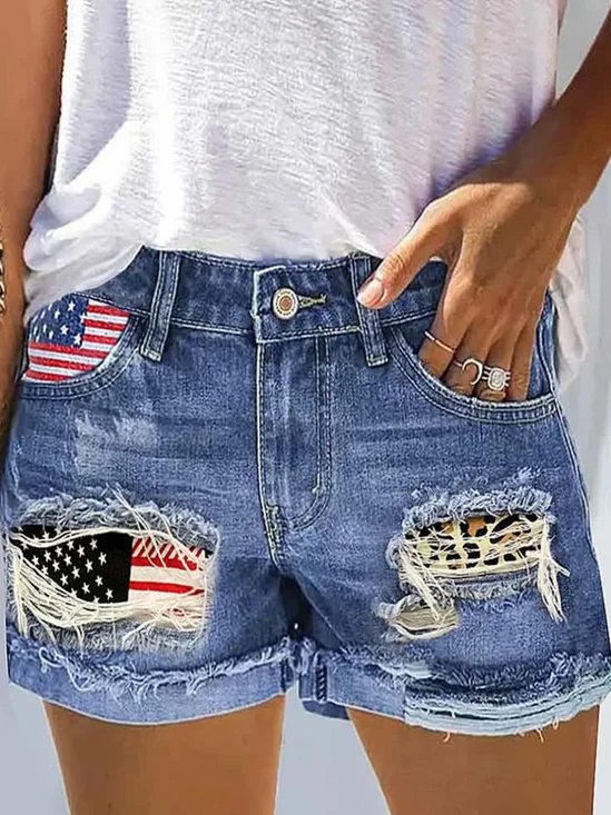 American Flag Denim  Straight Leg Button Fly  Going Out Cauual Shorts