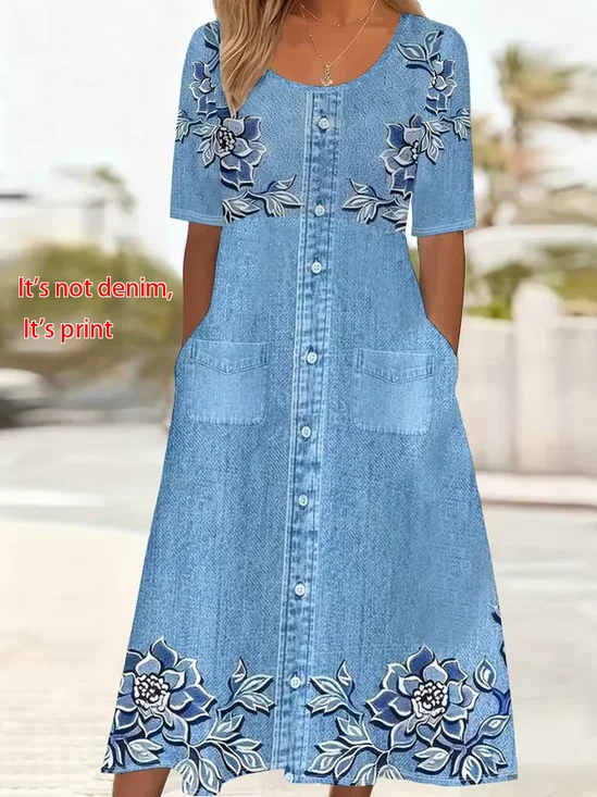 Women's Short Sleeve Summer Pink Floral Printing Crew Neck Daily Going Out Casual Maxi H-Line Shift Dress Dress