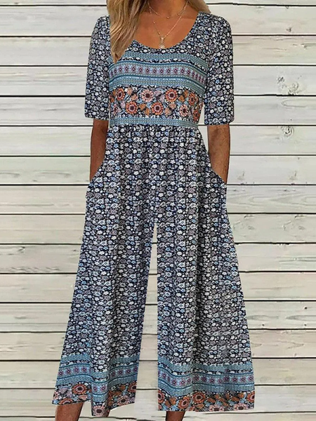 Boho Floral Print Wide Leg Jumpsuit with Pockets