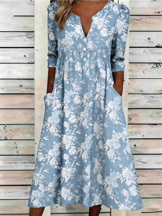 Women’s Light Blue Floral V Neck Maxi Dress Boho Casual Dress