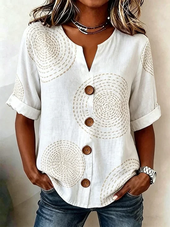 Women's Geometric Print Linen Blend V-Neck Button Front Rolled Sleeve Blouse