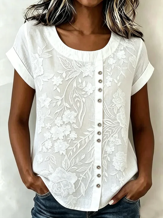 3D Printing Casual Linen Blend Crew Neck Loose Casual Top
