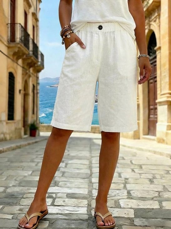 Plain Vintage Cotton-Blend Loose Shorts