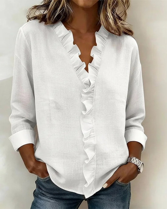 Women's Solid Color V-Neck Blouse with Ruffle Trim Long Sleeve Casual Top