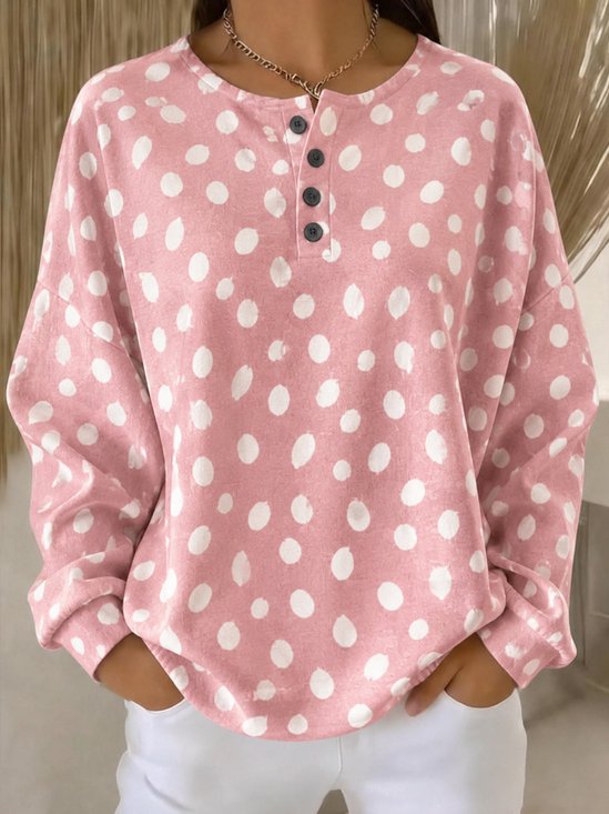 Dot Print Henry Neck Loose Long Sleeve Top