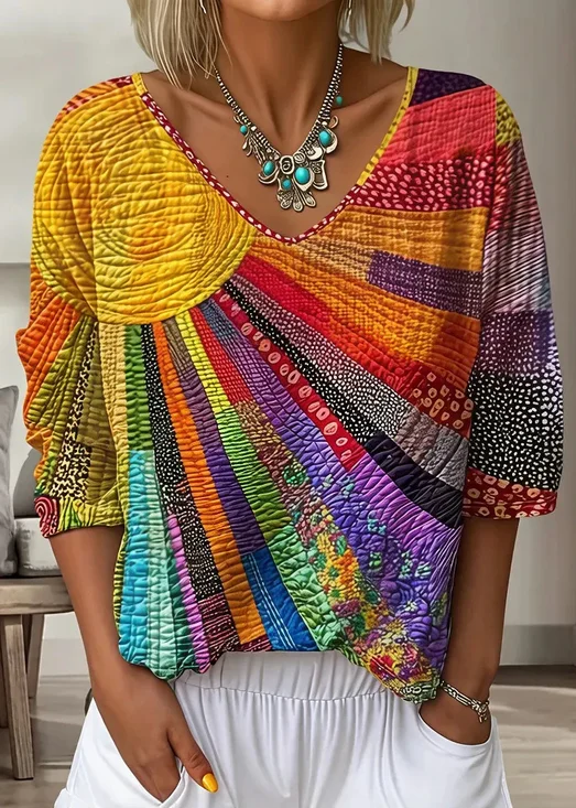 Casual 3D Printing V Neck Loose T-Shirt