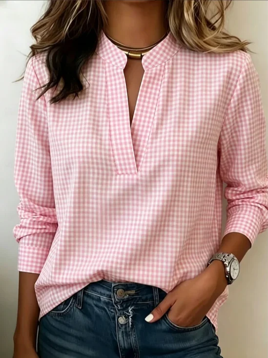 Women's Long Sleeve Blouse Spring/Fall Pink Plaid Printing V Neck Daily Going Out Vintage Top