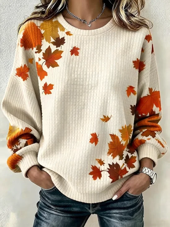Maple Leaf Crew Neck Printing Casual Sweatshirt