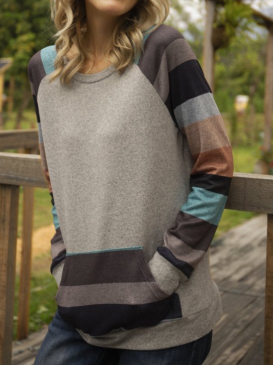 Gray Floral-Print Stripes Crew Neck Casual Sweatshirt