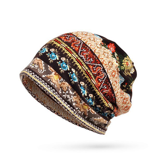 Women Vintage Stripe Print Beanie Outdoor Windproof Snow Hat