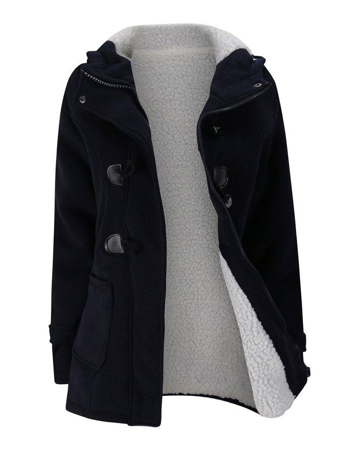 zolucky Women Horn Button Coton Fleece Hooded Duffle Coat | Outerwear ...