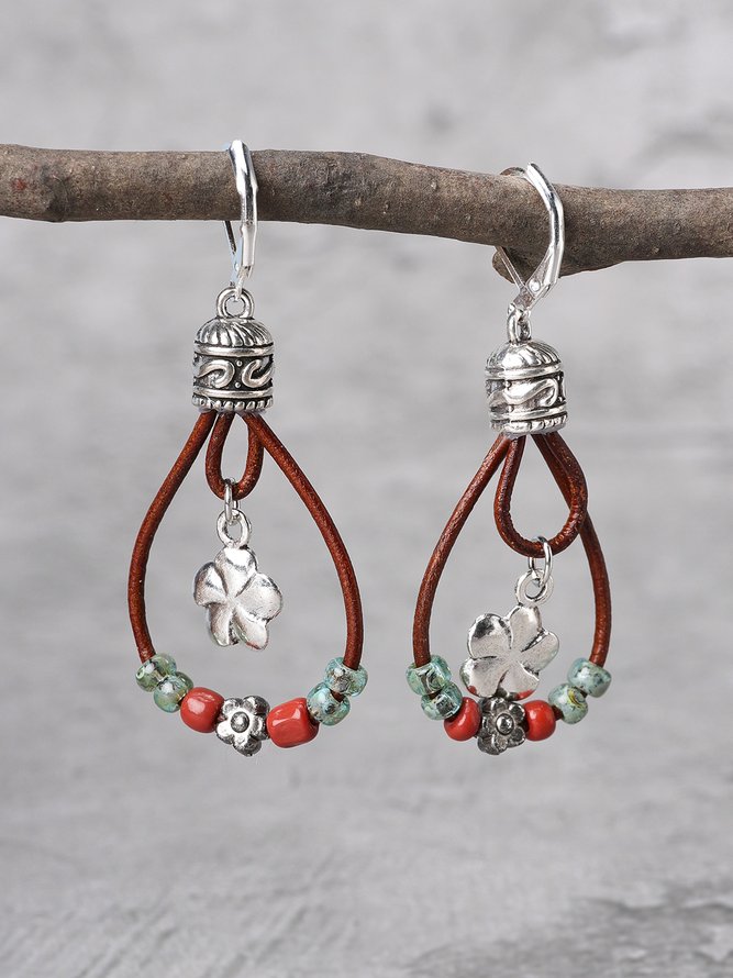 Ethnic Vintage Floral Pattern Leather Earrings Western Boho Dress Jewelry