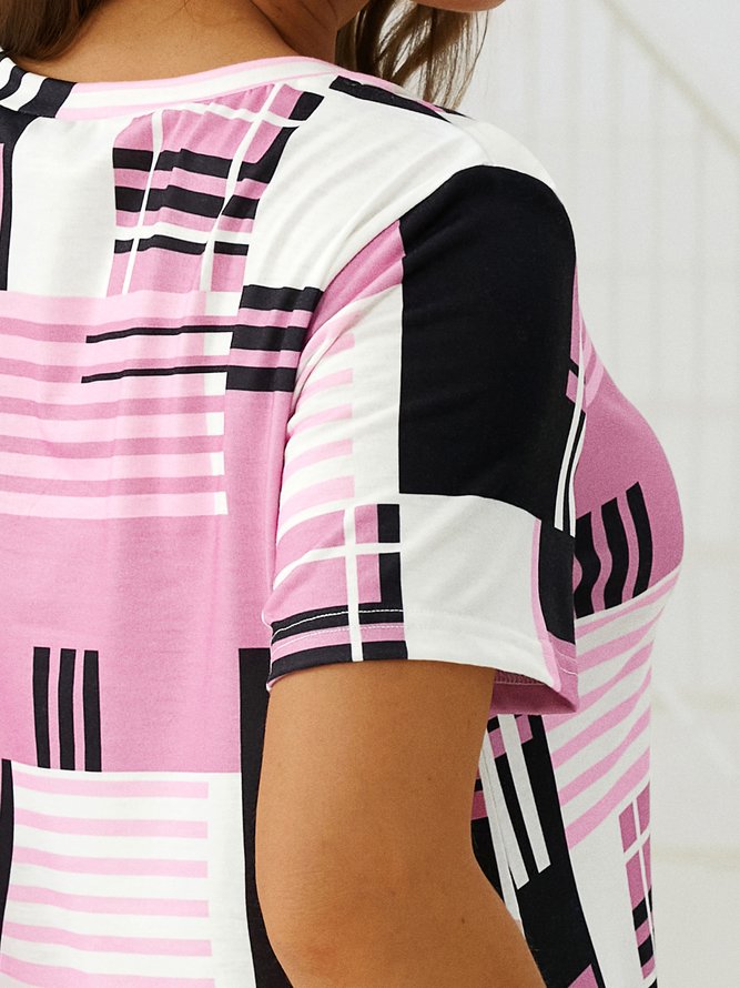 Casual Geometric Printed Loose V Neck T-Shirt