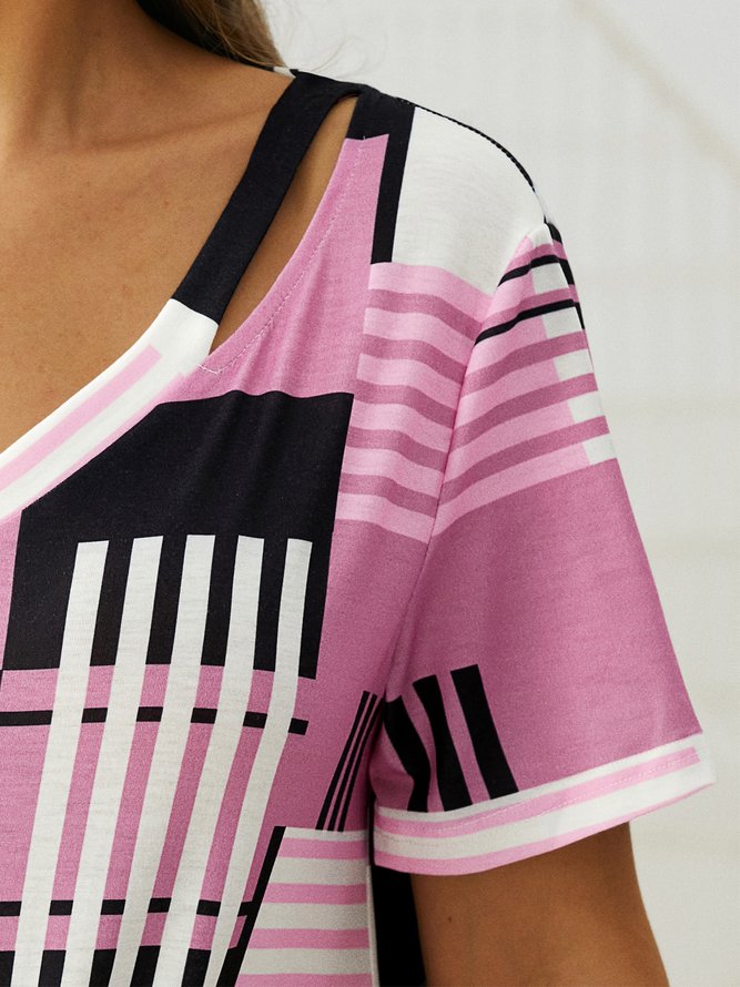 Casual Geometric Printed Loose V Neck T-Shirt